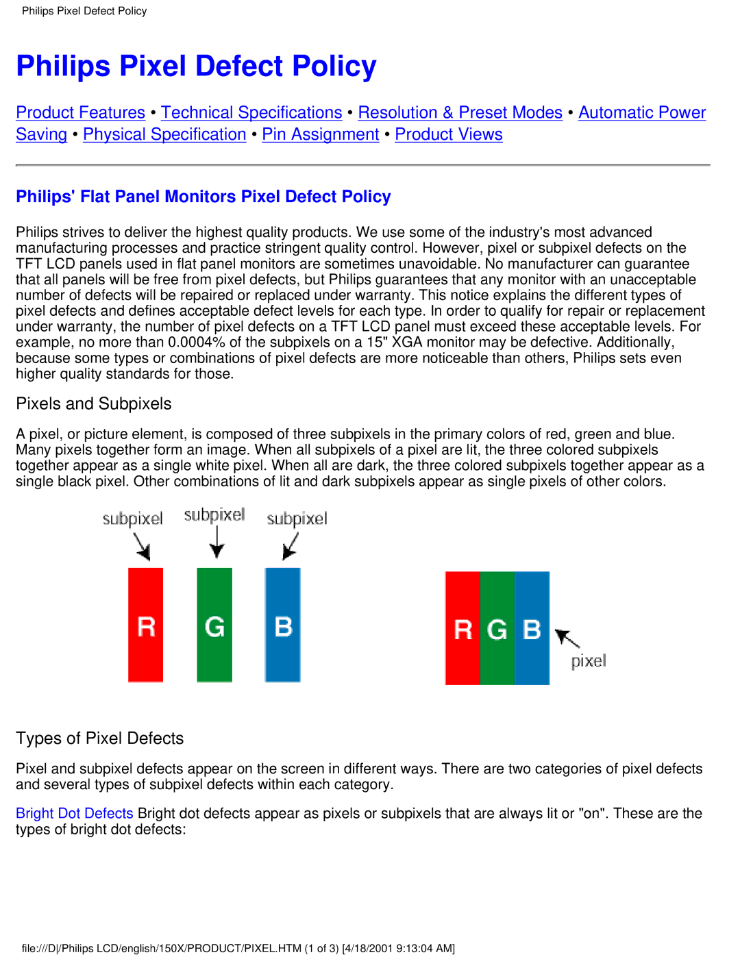Philips 150X user manual Philips Pixel Defect Policy, Philips Flat Panel Monitors Pixel Defect Policy 