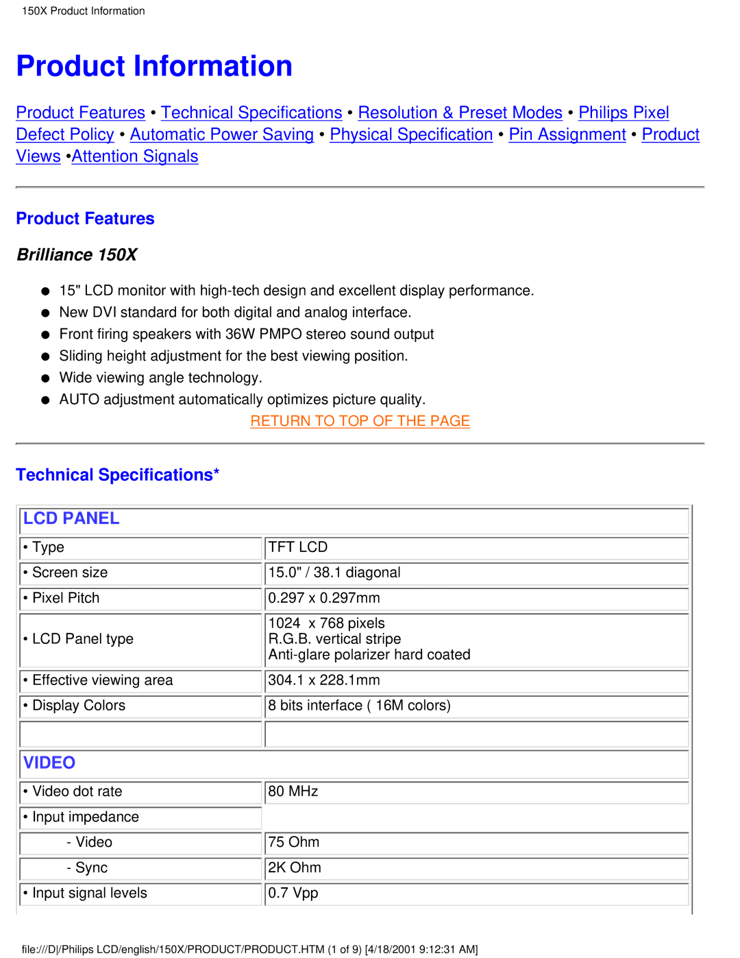 Philips 150X user manual Product Information, Product Features, Technical Specifications 