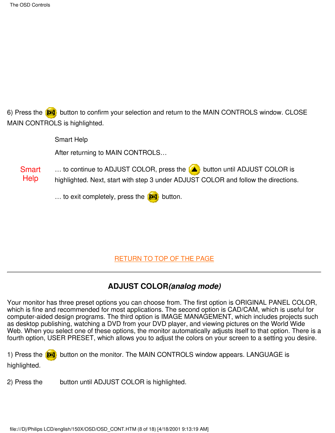 Philips 150X user manual Adjust COLORanalog mode 