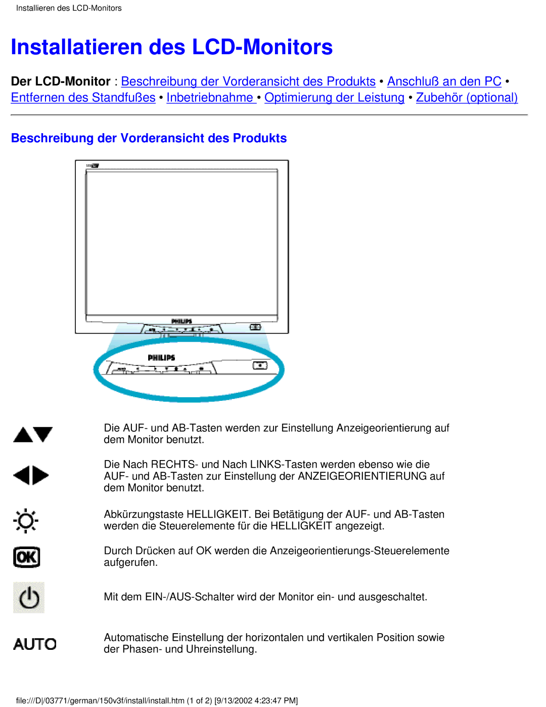 Philips 150S3, 150X3, 150B3, 150V4, 150V3 Installatieren des LCD-Monitors, Beschreibung der Vorderansicht des Produkts 