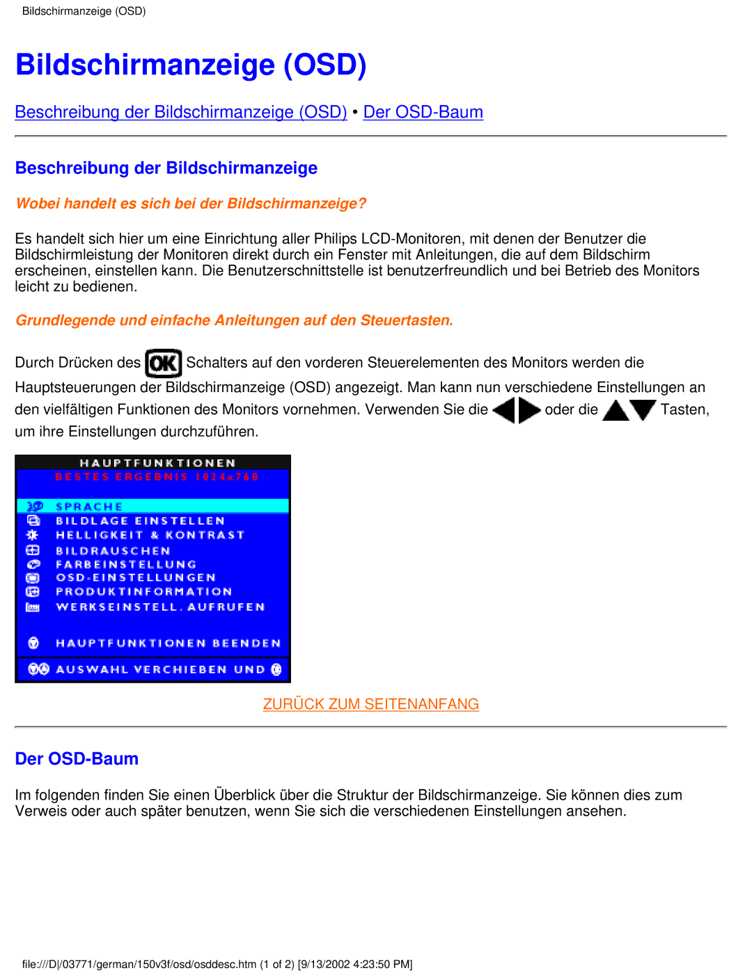 Philips 150V4, 150X3, 150S3, 150B3, 150V3 user manual Bildschirmanzeige OSD, Beschreibung der Bildschirmanzeige, Der OSD-Baum 