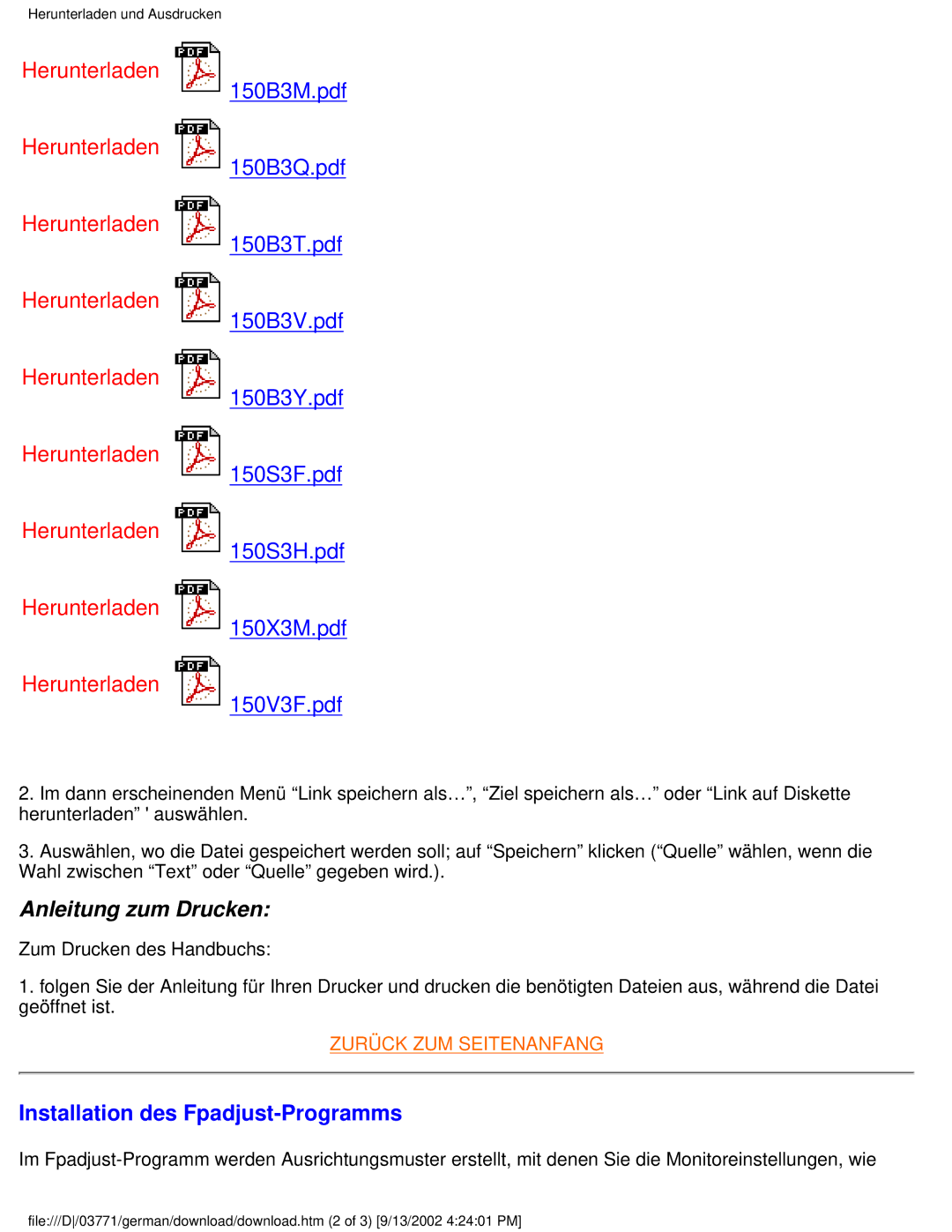 Philips 150S3, 150X3, 150B3, 150V4, 150V3 user manual Anleitung zum Drucken, Installation des Fpadjust-Programms 