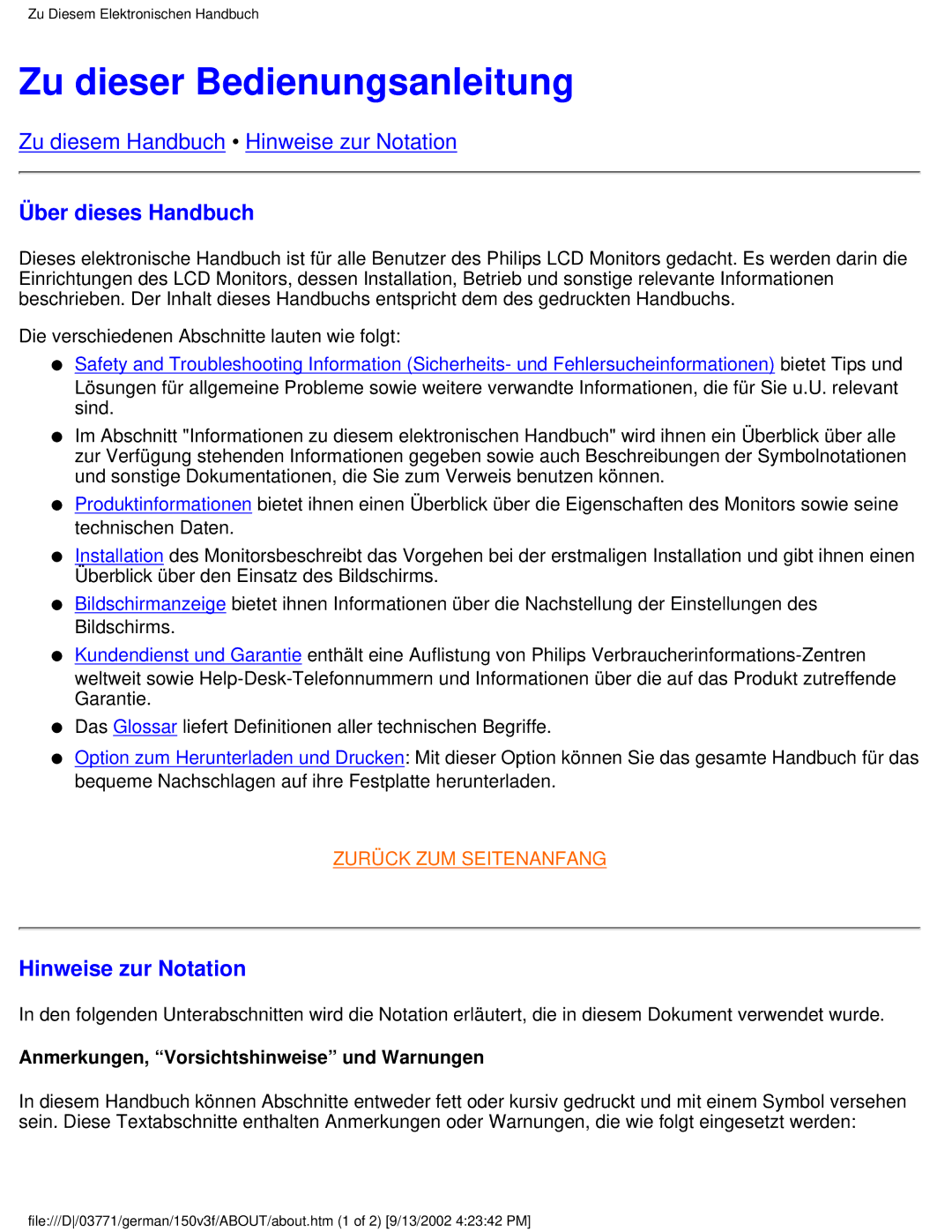 Philips 150V3, 150X3, 150S3, 150B3, 150V4 Zu dieser Bedienungsanleitung, Über dieses Handbuch, Hinweise zur Notation 