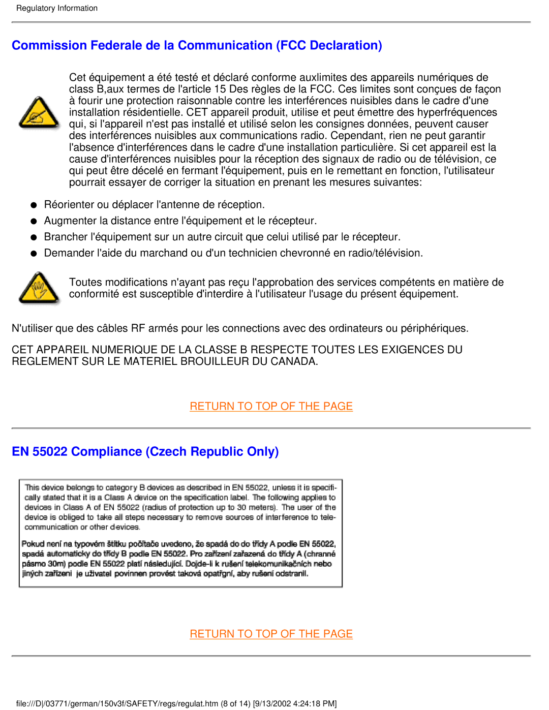 Philips 150S3, 150X3 Commission Federale de la Communication FCC Declaration, EN 55022 Compliance Czech Republic Only 