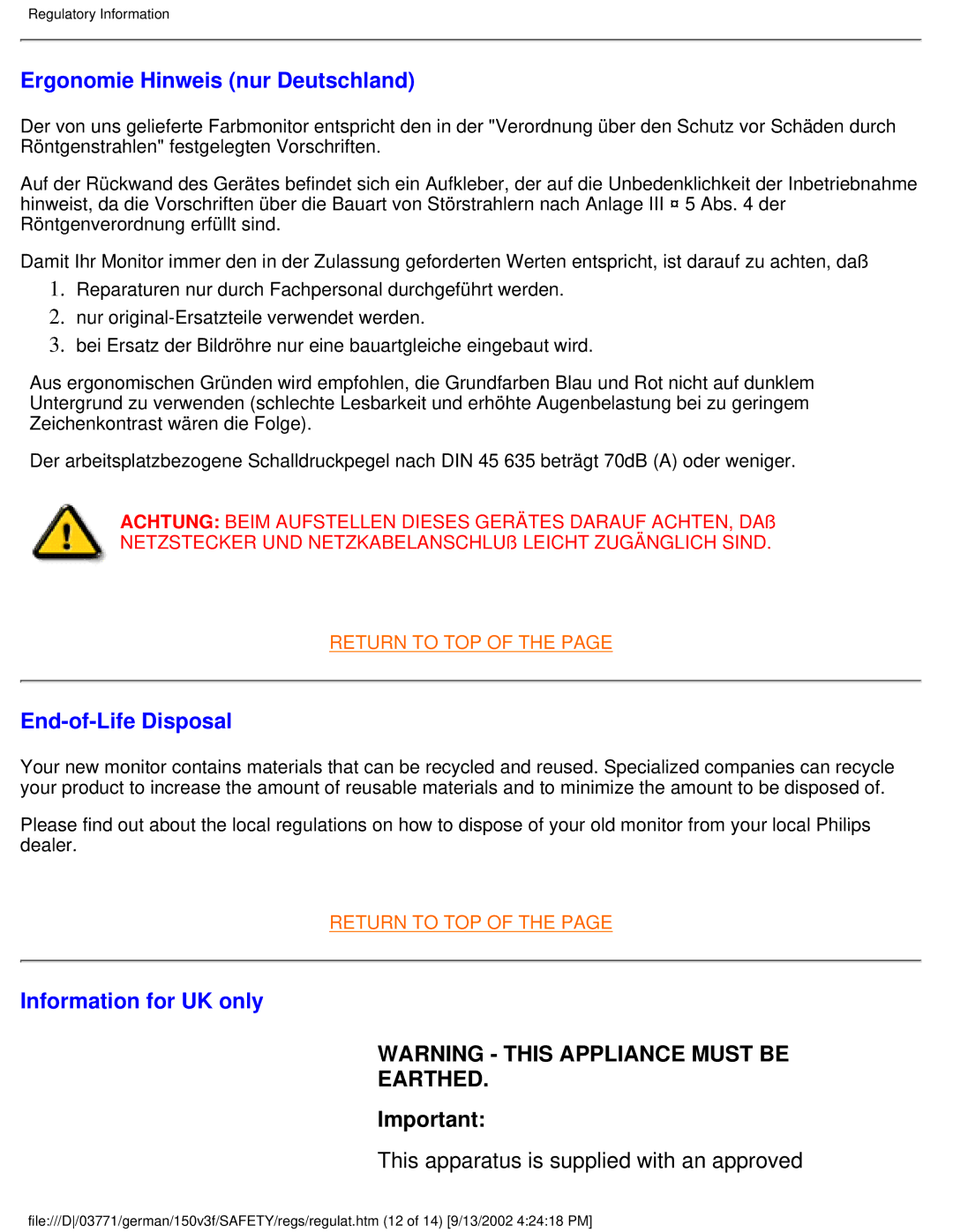 Philips 150X3, 150S3, 150B3, 150V4, 150V3 Ergonomie Hinweis nur Deutschland, End-of-Life Disposal, Information for UK only 