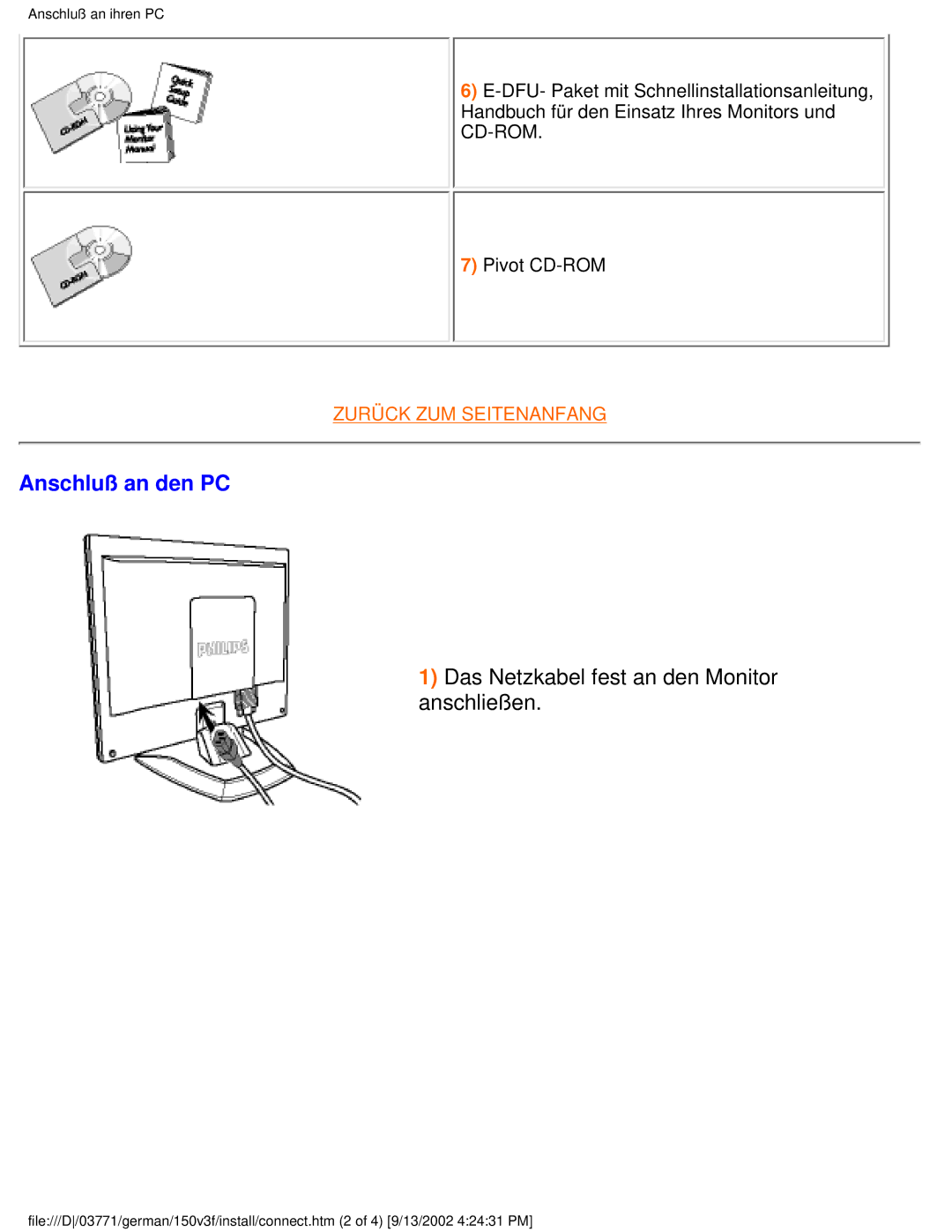 Philips 150V4, 150X3, 150S3, 150B3, 150V3 user manual Anschluß an den PC, Das Netzkabel fest an den Monitor anschließen 