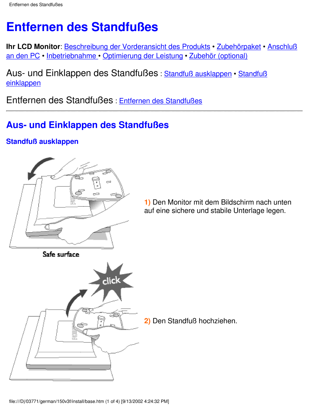 Philips 150S3, 150X3, 150B3, 150V4, 150V3 user manual Entfernen des Standfußes, Standfuß ausklappen 