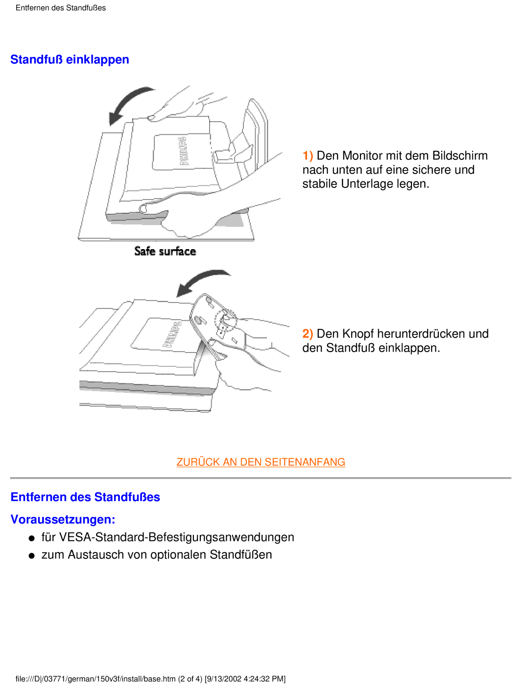 Philips 150B3, 150X3, 150S3, 150V4, 150V3 user manual Standfuß einklappen, Entfernen des Standfußes Voraussetzungen 