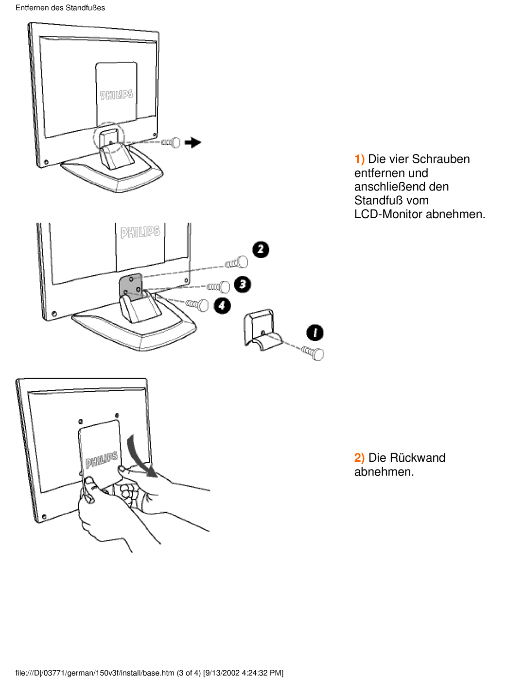 Philips 150V4, 150X3, 150S3, 150B3, 150V3 user manual Entfernen des Standfußes 