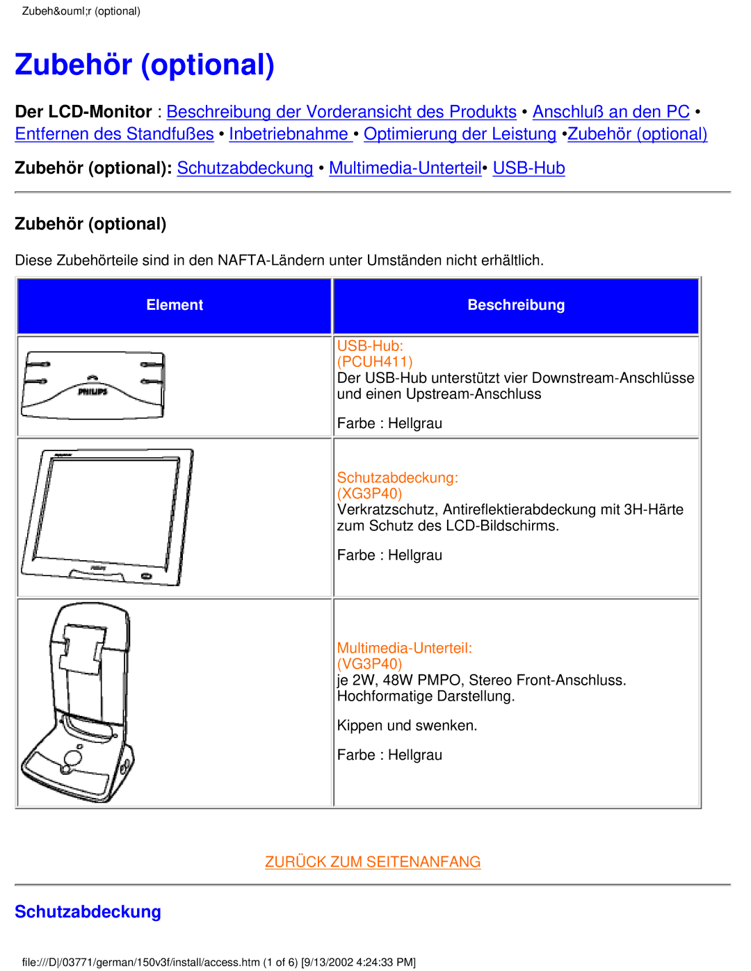 Philips 150V4, 150X3, 150S3, 150B3, 150V3 user manual Zubehör optional, Schutzabdeckung 