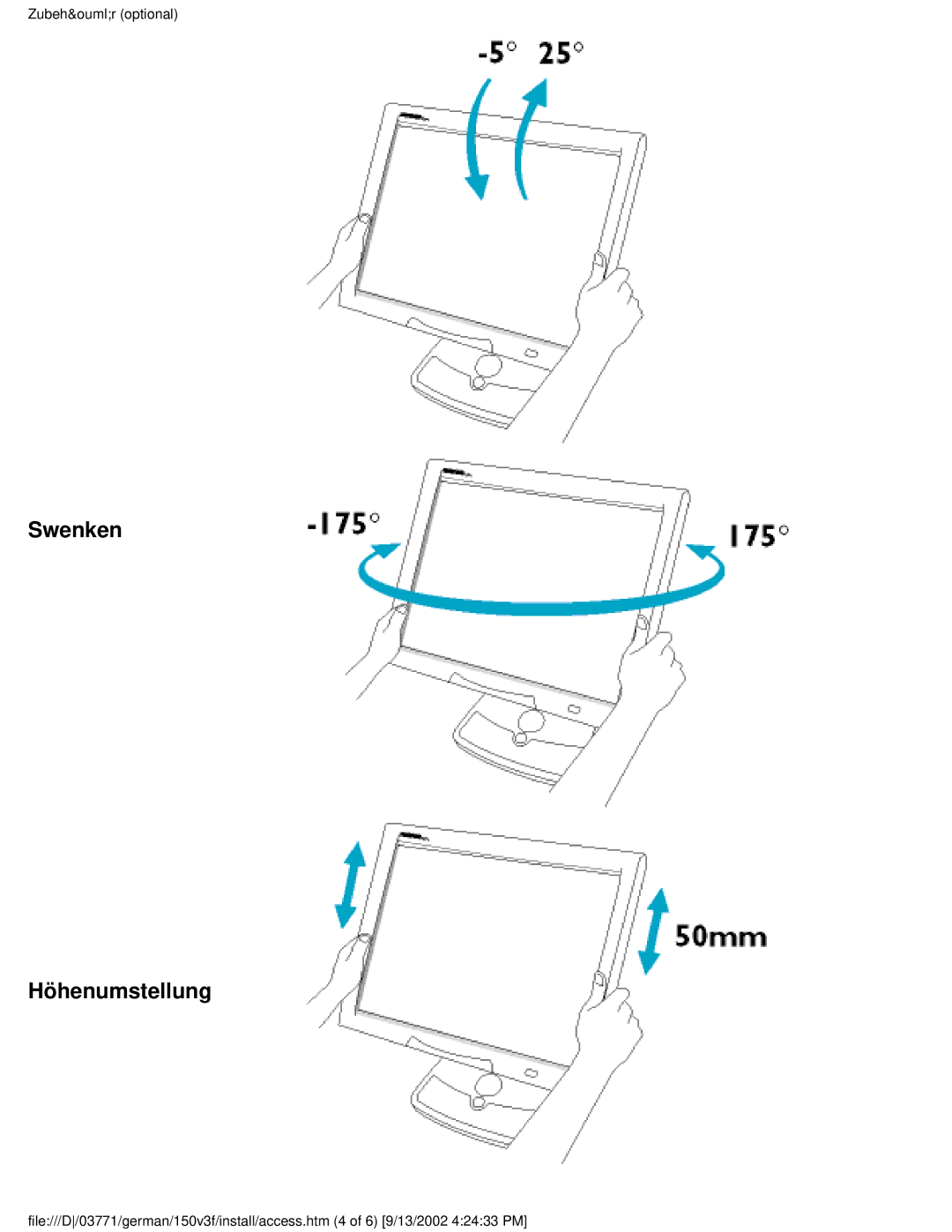 Philips 150S3, 150X3, 150B3, 150V4, 150V3 user manual Swenken Höhenumstellung 