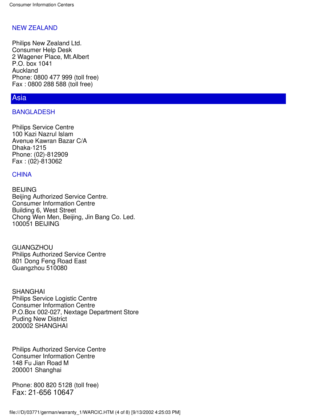 Philips 150V4, 150X3, 150S3, 150B3, 150V3 user manual Fax 21-656, NEW Zealand 