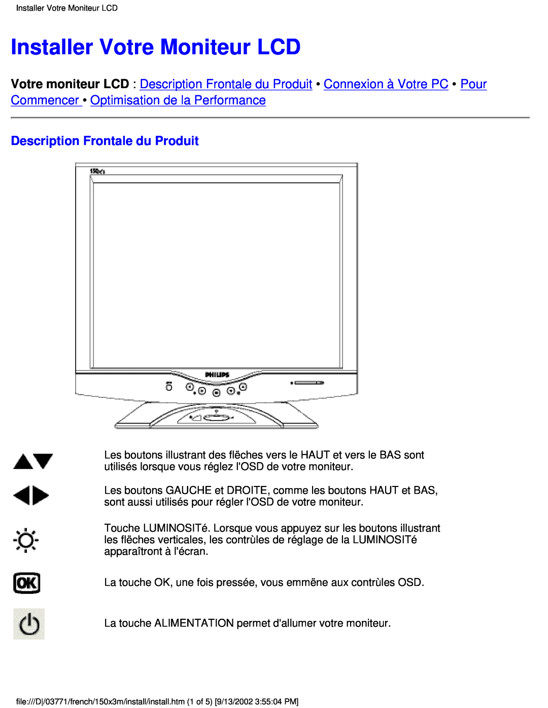 Philips 150X3M user manual Installer Votre Moniteur LCD, Description Frontale du Produit 