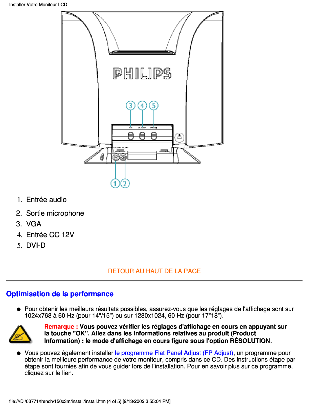 Philips 150X3M user manual Entrée audio 2. Sortie microphone 3. VGA 4. Entrée CC 5. DVI-D, Optimisation de la performance 