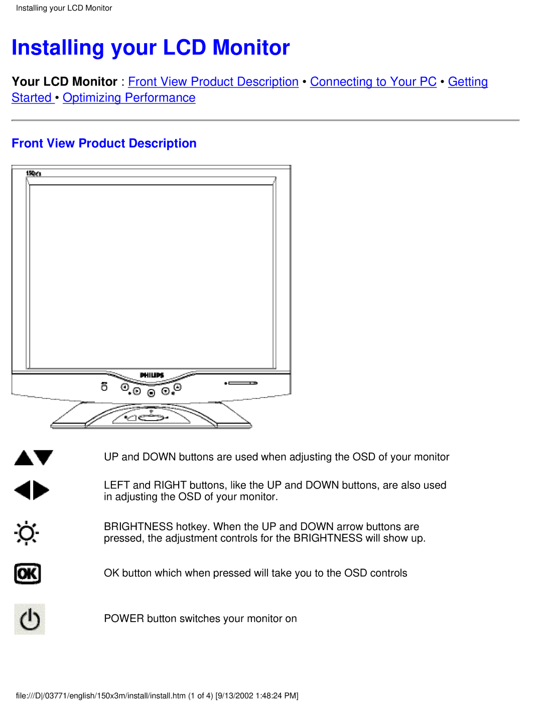 Philips 150X3M user manual Installing your LCD Monitor, Front View Product Description 