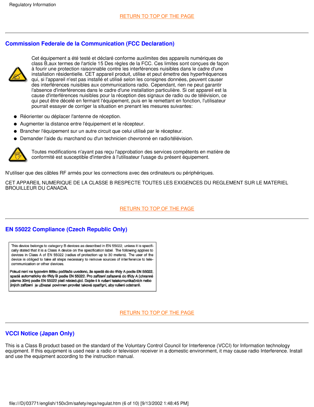 Philips 150X3M user manual Commission Federale de la Communication FCC Declaration, EN 55022 Compliance Czech Republic Only 