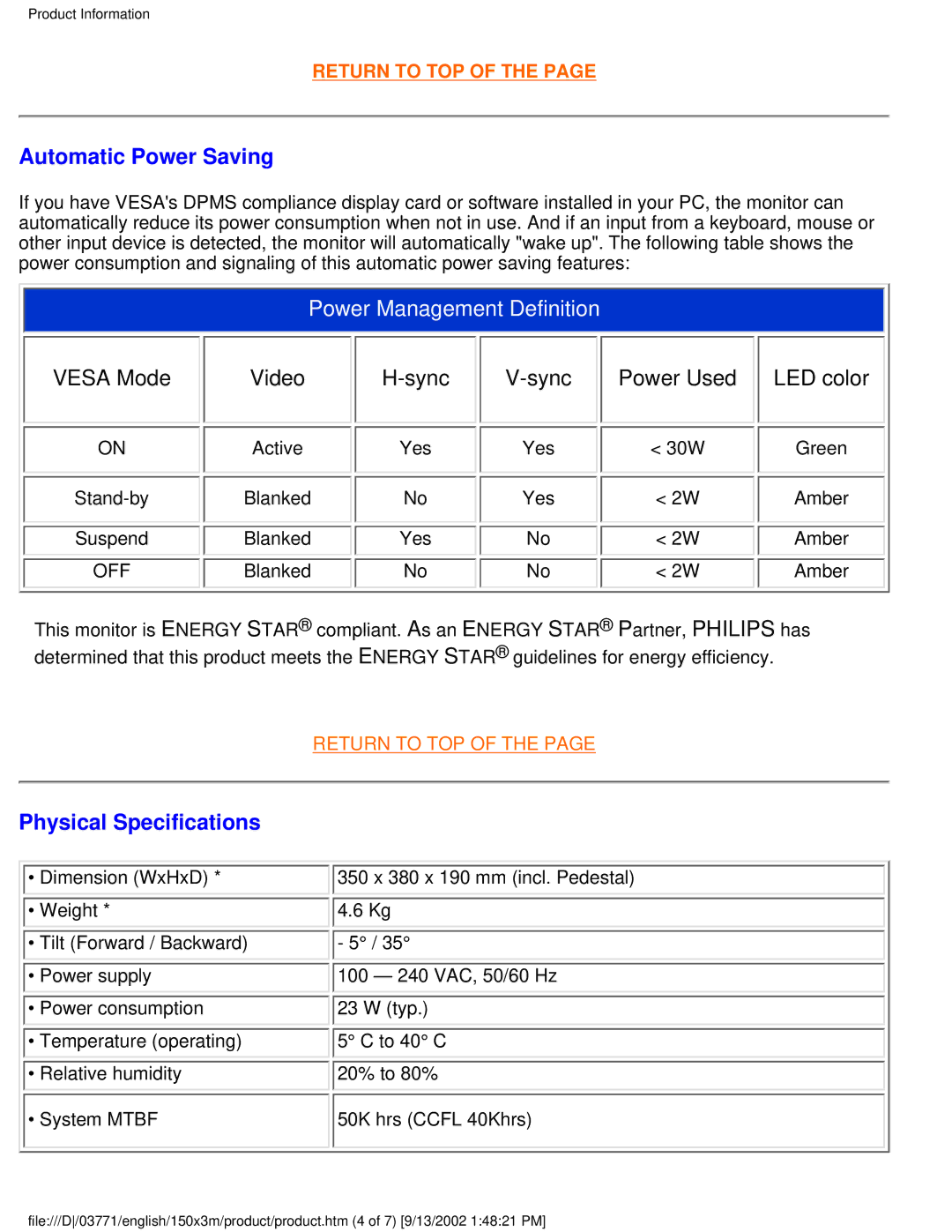 Philips 150X3M user manual Automatic Power Saving, Sync, Power Used, Physical Specifications 