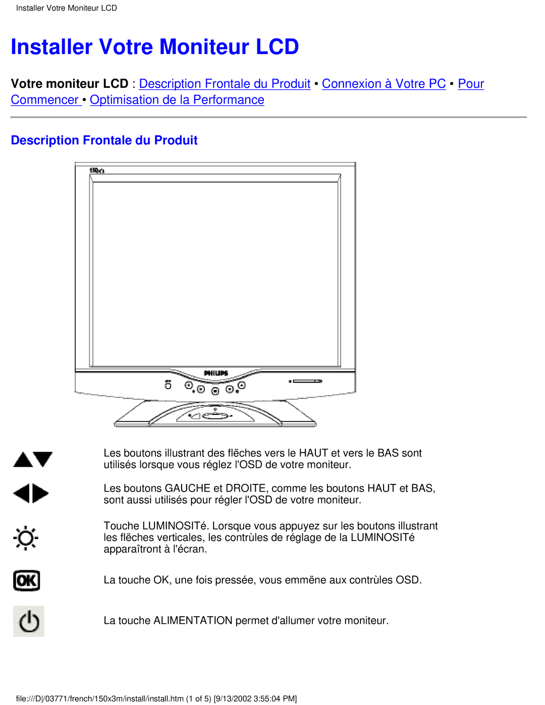 Philips 150X3M user manual Installer Votre Moniteur LCD, Description Frontale du Produit 