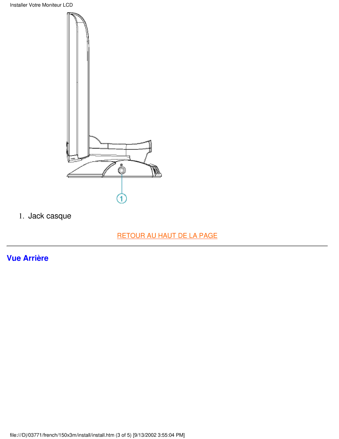 Philips 150X3M user manual Jack casque, Vue Arrière 