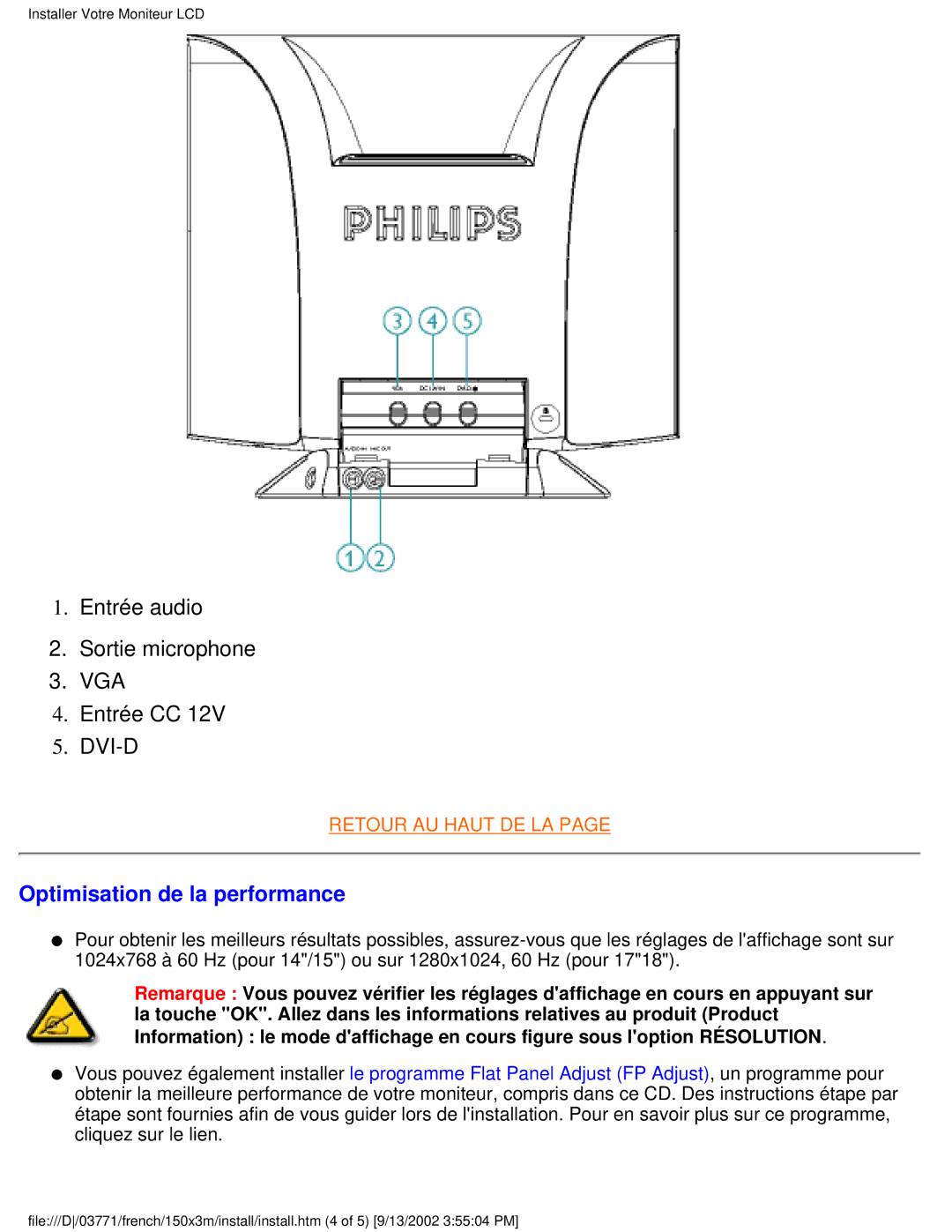 Philips 150X3M user manual Entrée audio Sortie microphone VGA Entrée CC DVI-D, Optimisation de la performance 