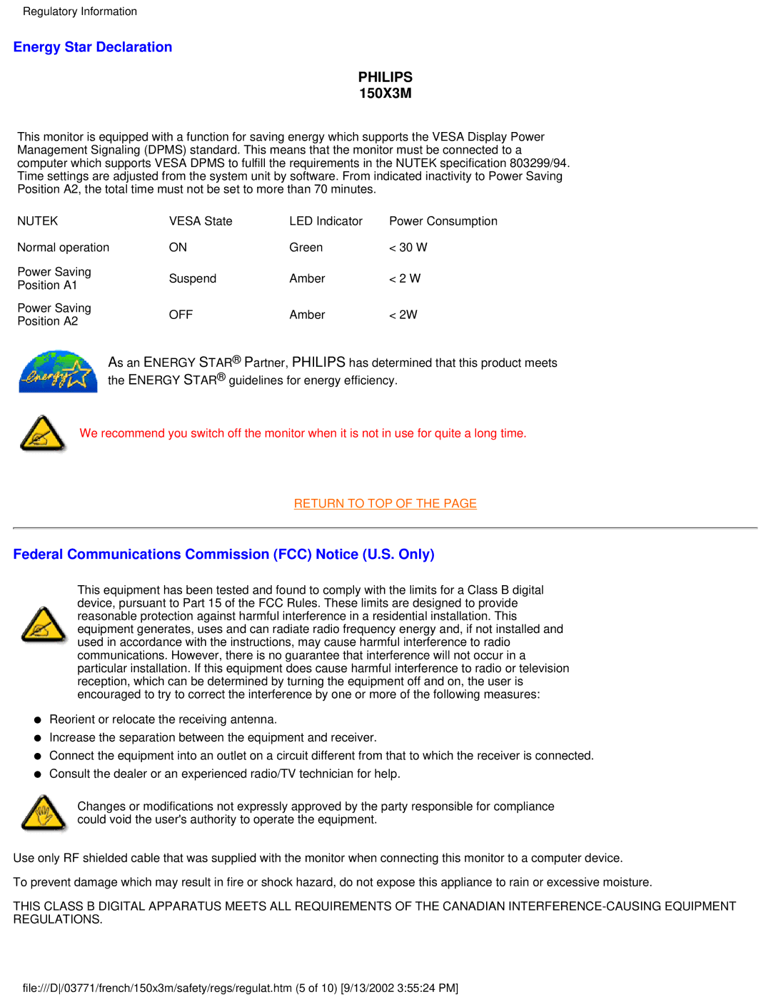 Philips 150X3M user manual Energy Star Declaration, Federal Communications Commission FCC Notice U.S. Only 