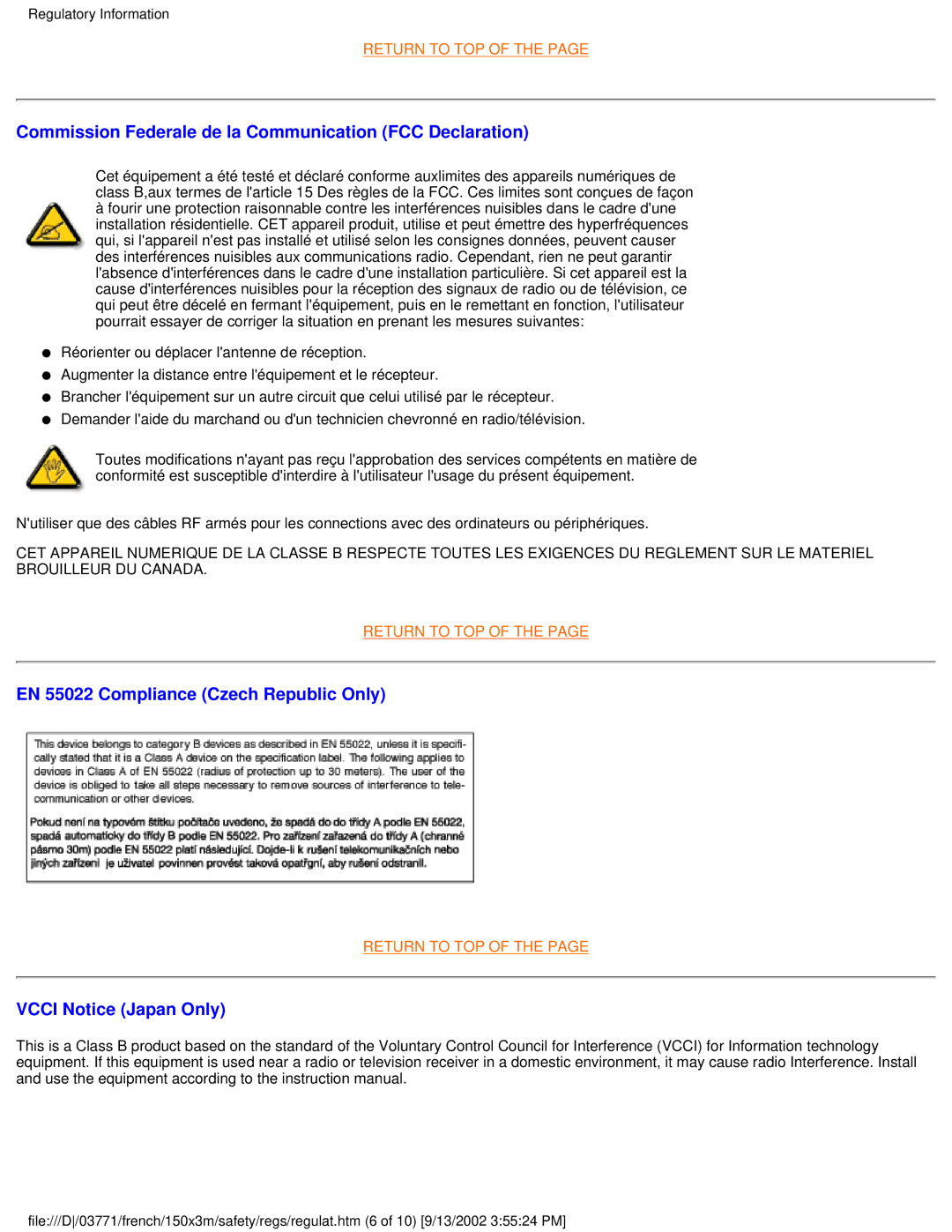 Philips 150X3M user manual Commission Federale de la Communication FCC Declaration, EN 55022 Compliance Czech Republic Only 