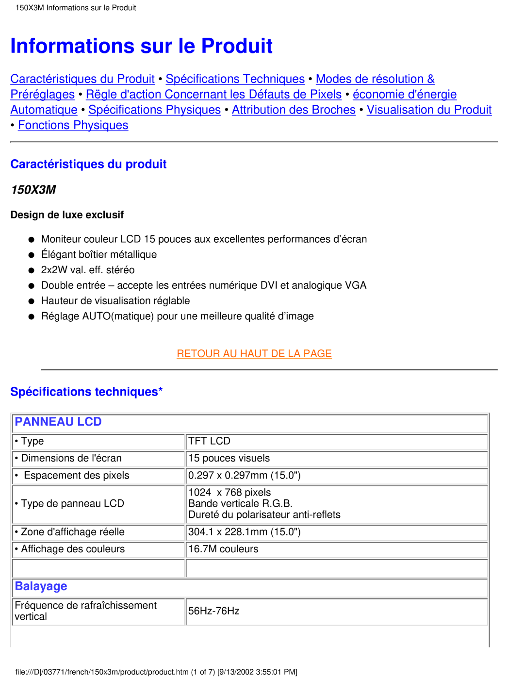 Philips 150X3M user manual Informations sur le Produit, Caractéristiques du produit, Spécifications techniques 