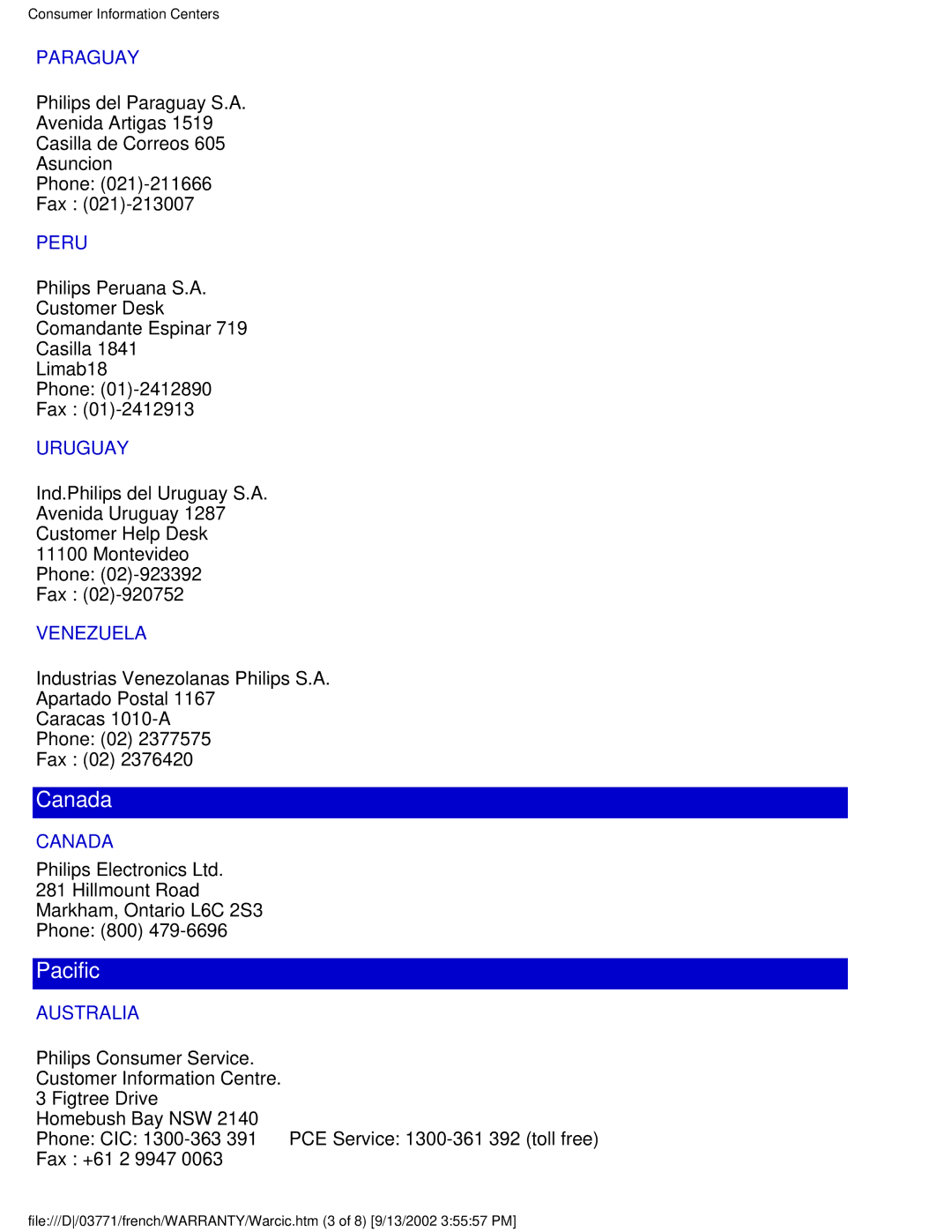 Philips 150X3M user manual Paraguay, Peru, Uruguay, Venezuela, Canada, Australia 