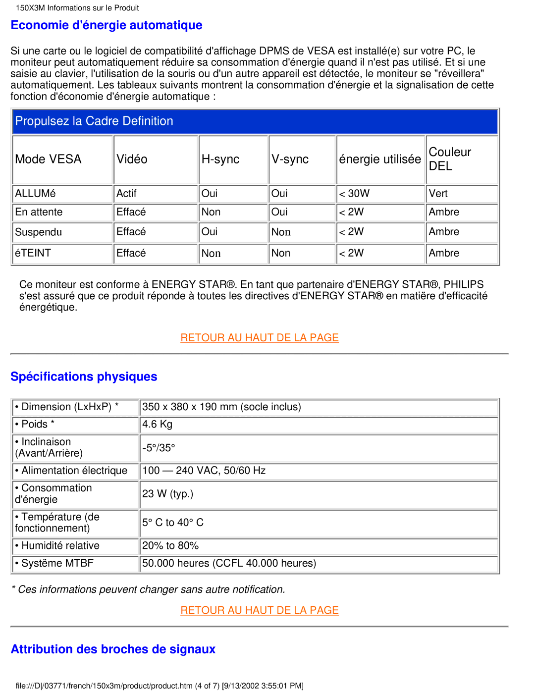 Philips 150X3M user manual Economie dénergie automatique, Mode Vesa Vidéo Sync Énergie utilisée, Spécifications physiques 