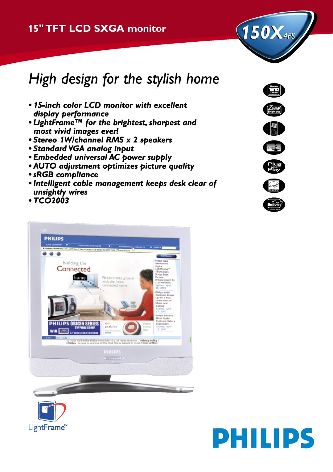 Philips 150X4FS manual High design for the stylish home, TFT LCD SXGA monitor 