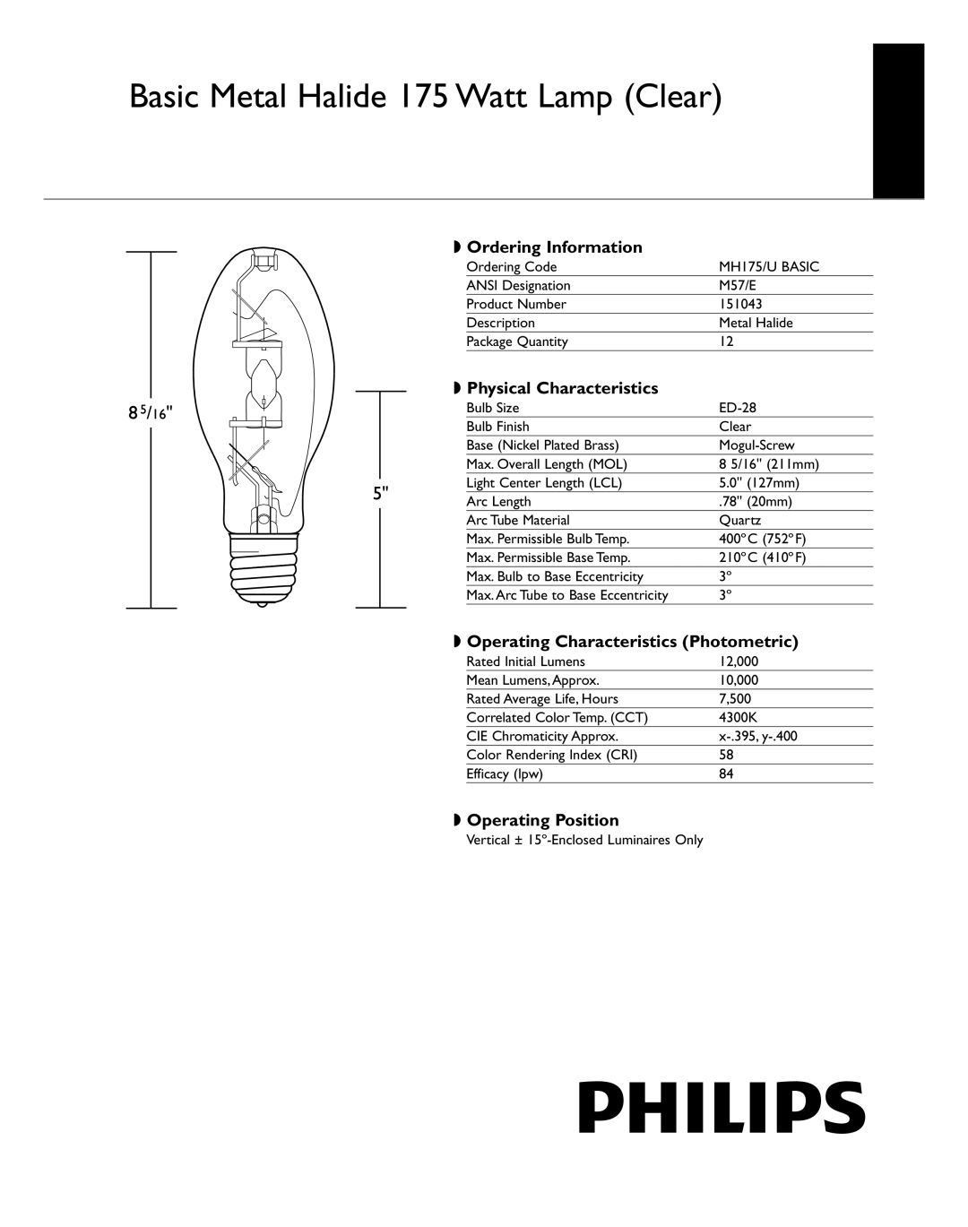 Philips 151043 manual Basic Metal Halide 175 Watt Lamp Clear, Ordering Information, Physical Characteristics 