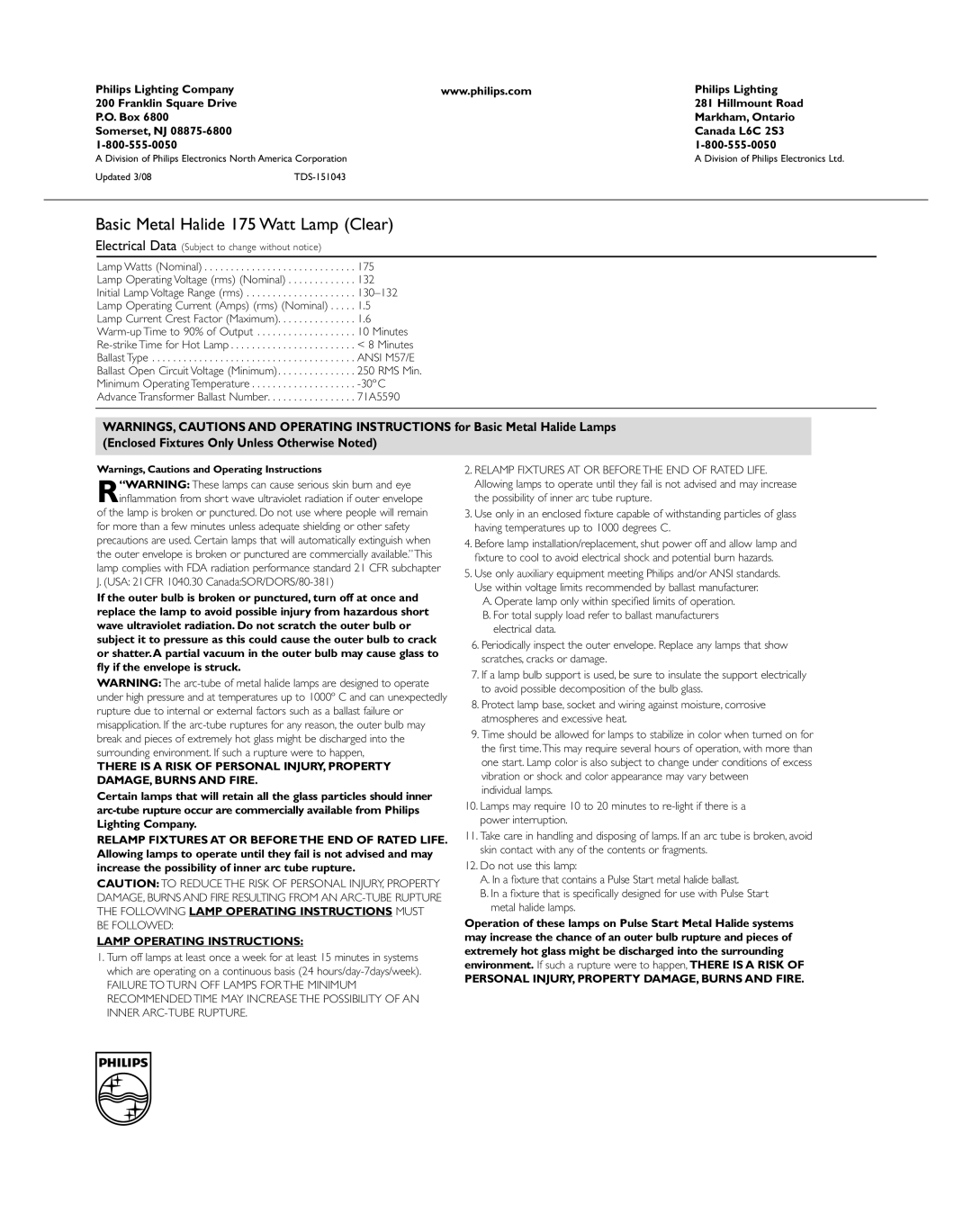 Philips 151043 manual Basic Metal Halide 175 Watt Lamp Clear, Lamp Operatinginstructions 