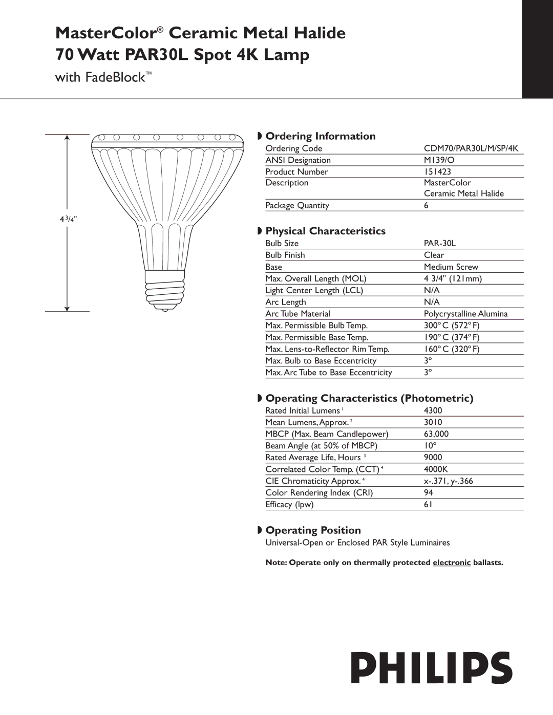 Philips 151423 manual Ordering Information, Physical Characteristics, Operating Characteristics Photometric 