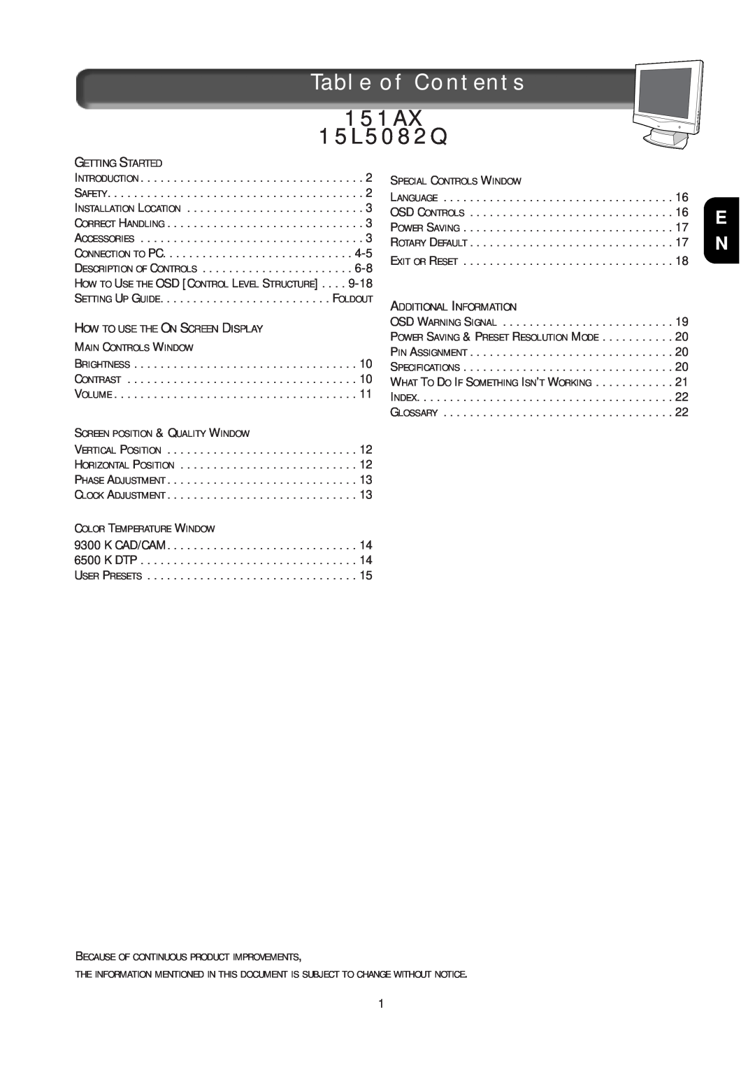 Philips specifications Table of Contents, 151AX 15L5082Q, Warranty 