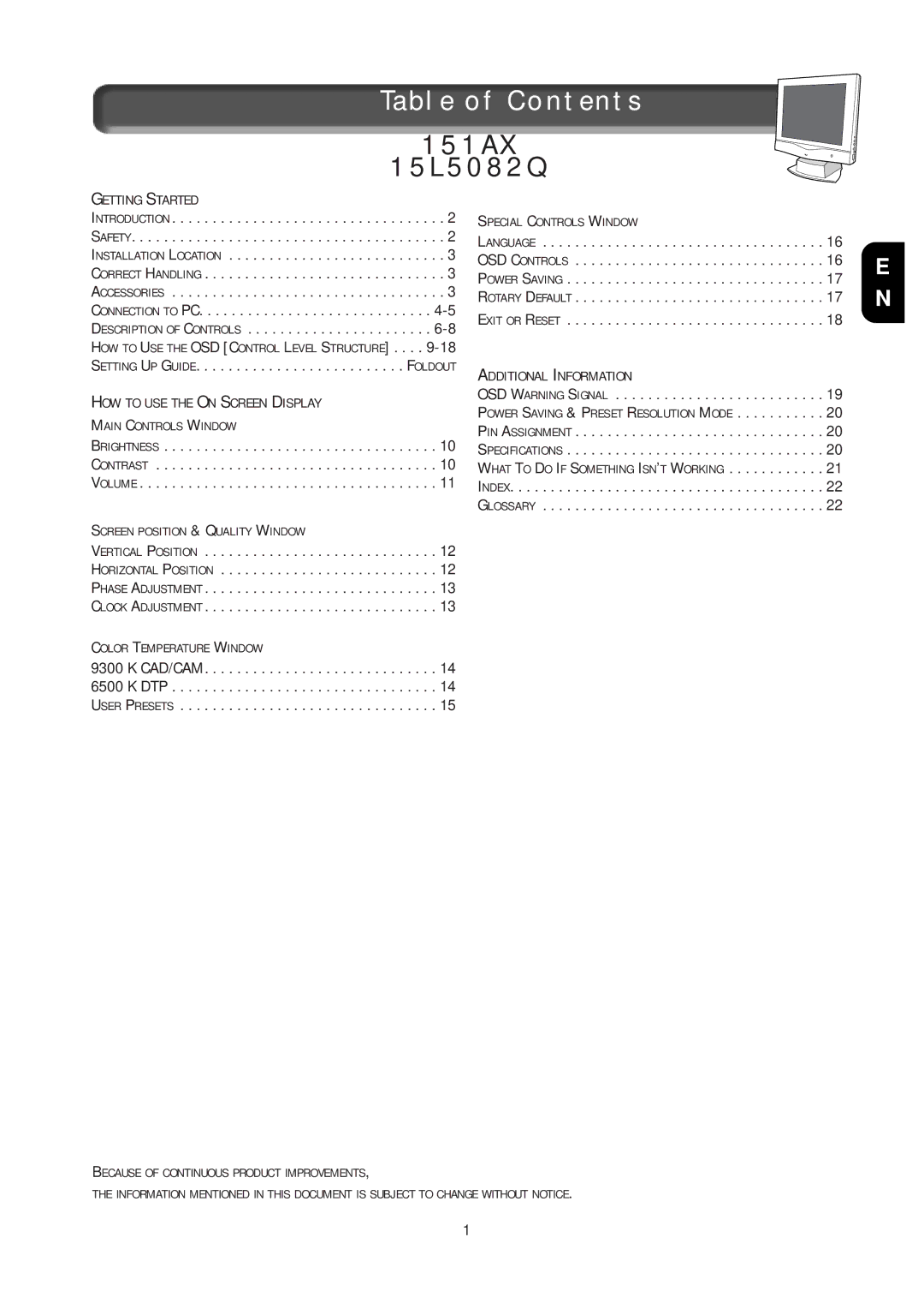 Philips 15L5082Q, 151AX specifications Table of Contents 