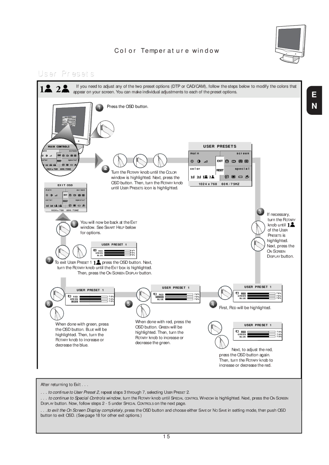 Philips 15L5082Q, 151AX User Presets, If necessary, For options, Display button, First, RED will be highlighted 