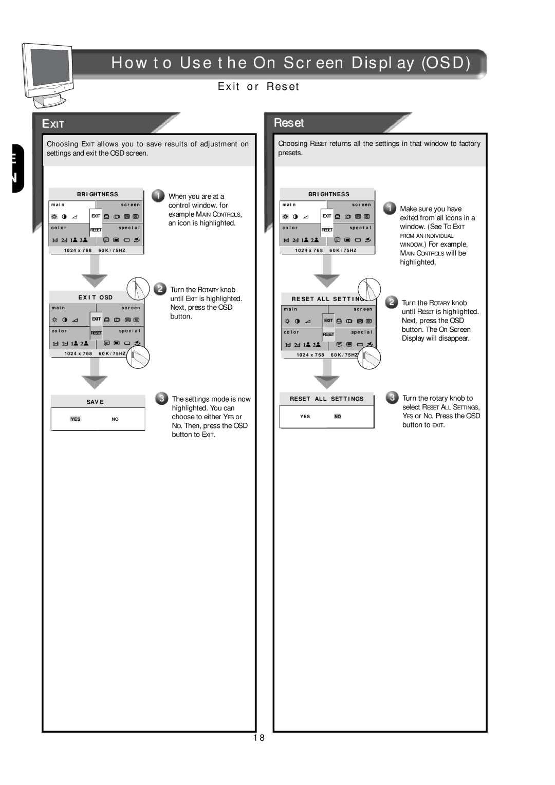 Philips 151AX, 15L5082Q specifications Reset, When you are at a, Control window. for, An icon is highlighted 