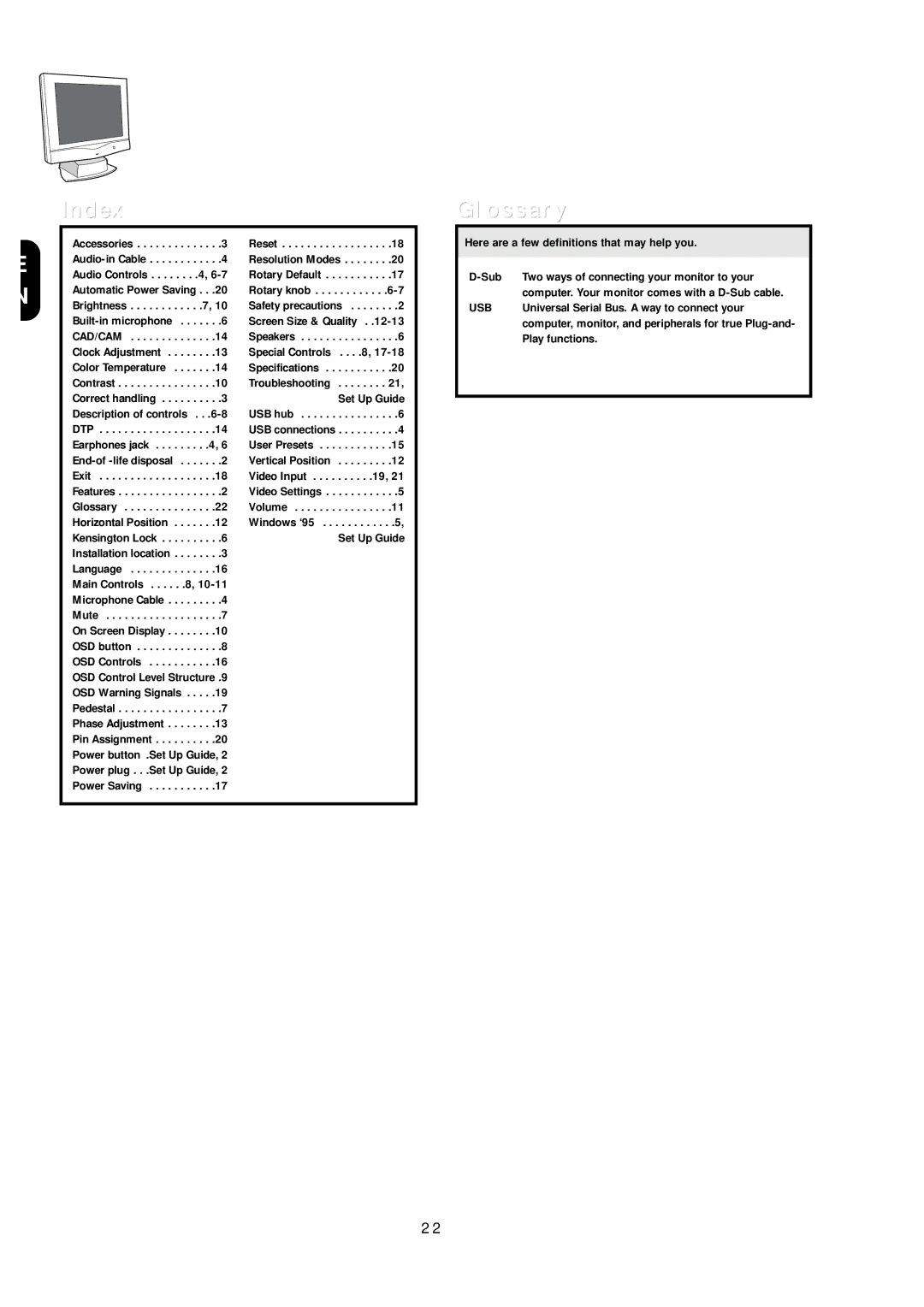 Philips 151AX, 15L5082Q specifications Index, Glossary 