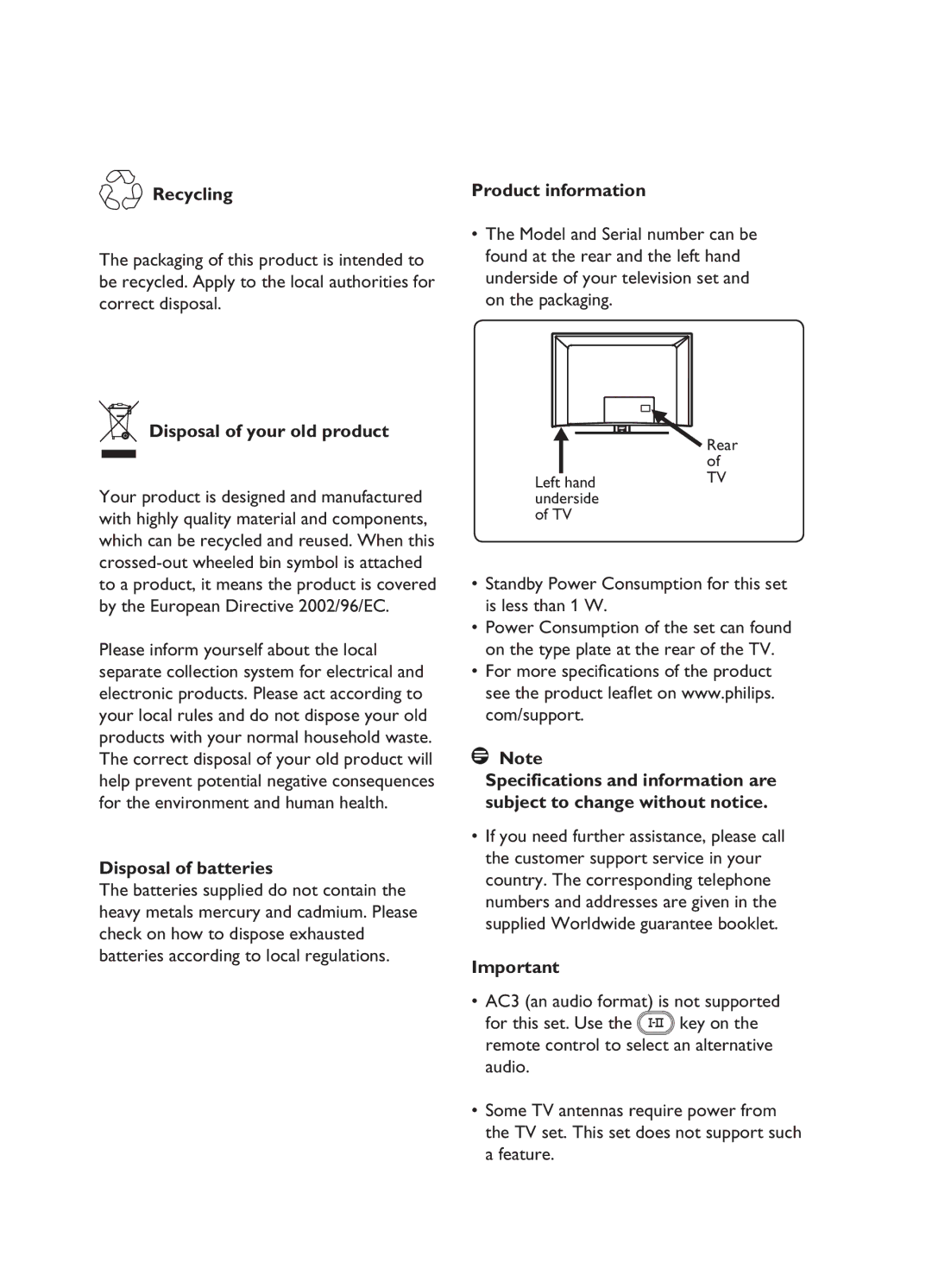 Philips 20HF5335D,26HF5335D, 32HF5335D Recycling, Product information, Disposal of your old product, Disposal of batteries 