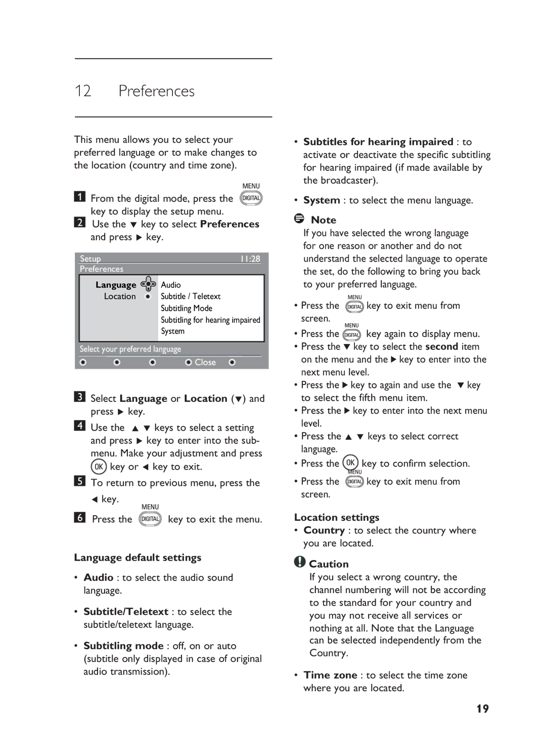 Philips 15/20HF5234 manual Preferences, Select Language or Location ï and press Æ key, Language default settings 