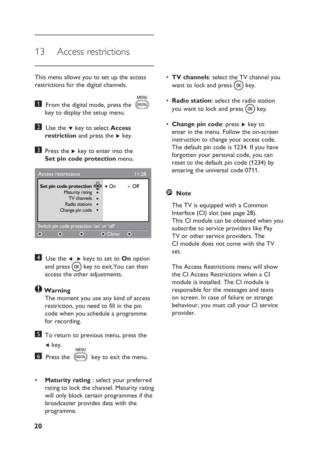 Philips 20HF5335D,26HF5335D, 32HF5335D, 15/20HF5234 manual Access restrictions 