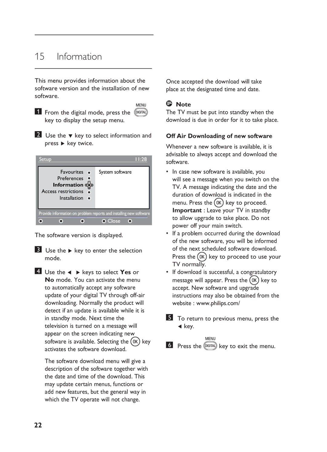 Philips 20HF5335D,26HF5335D, 32HF5335D, 15/20HF5234 manual Information, Off Air Downloading of new software 