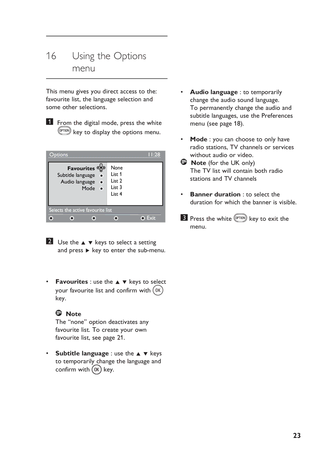 Philips 15/20HF5234 manual Using the Options menu, Subtitle language use the Î ï keys, Press the white key to exit the menu 