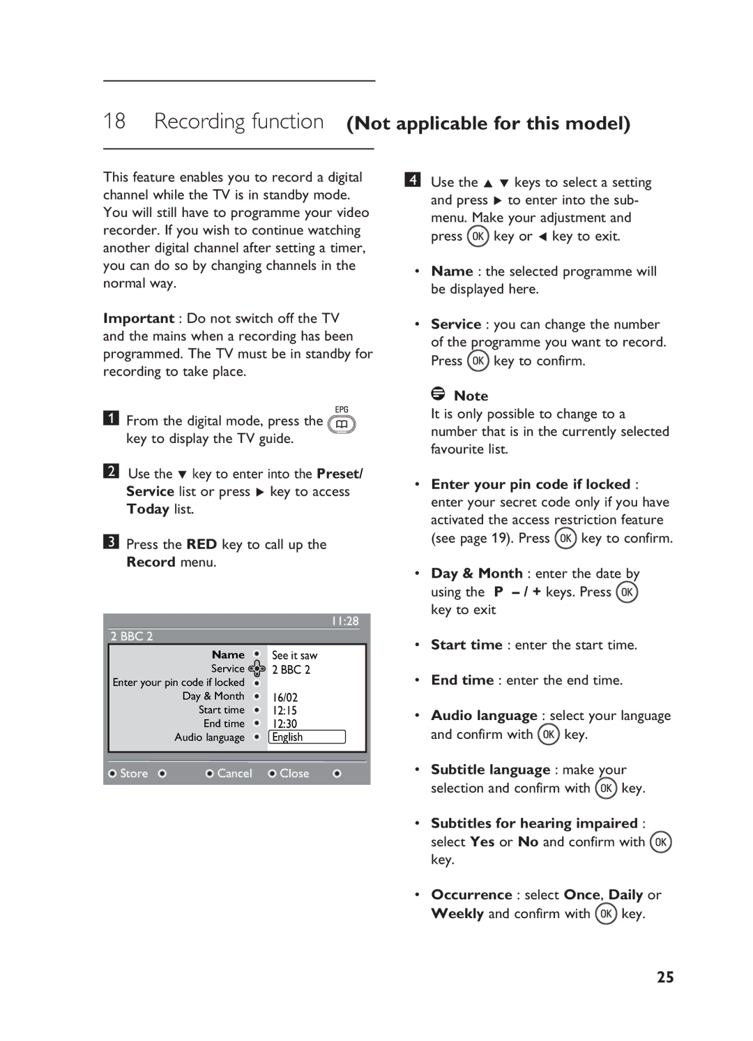 Philips 15/20HF5234 manual Subtitle language make your, Subtitles for hearing impaired, Occurrence select Once, Daily or 