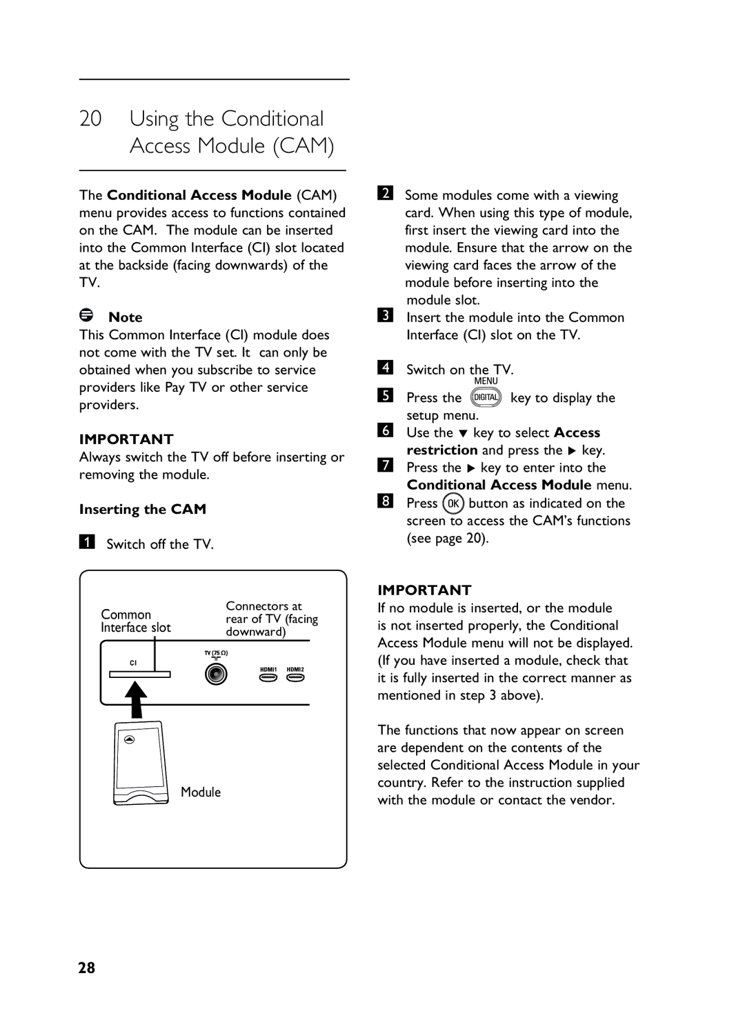 Philips 20HF5335D,26HF5335D, 32HF5335D, 15/20HF5234 manual Inserting the CAM, Switch off the TV Common, Module slot 