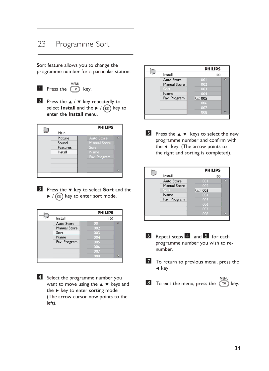 Philips 15/20HF5234, 20HF5335D,26HF5335D, 32HF5335D Programme Sort, Press the ï key to select Sort Key to enter sort mode 