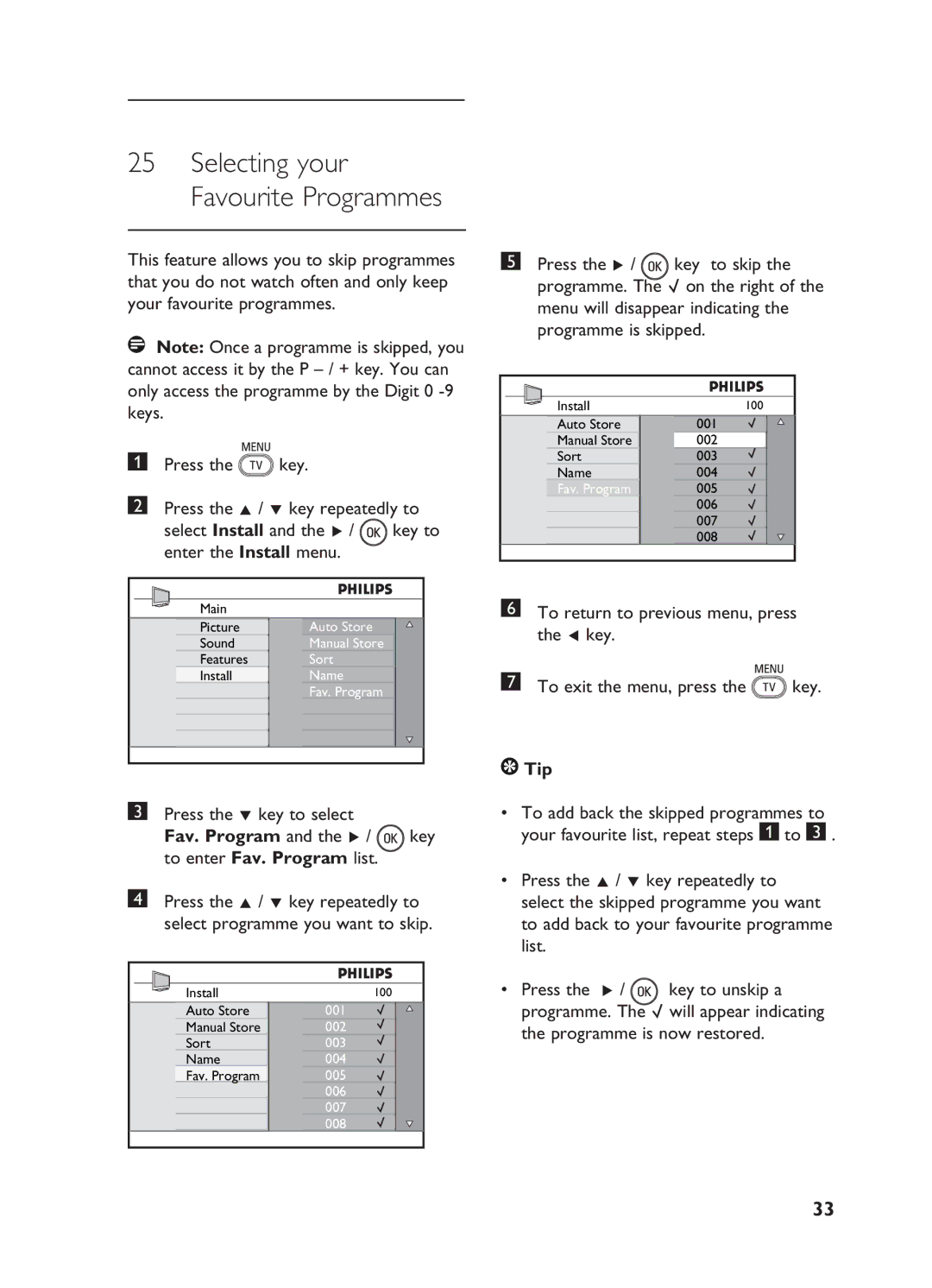 Philips 15/20HF5234, 20HF5335D,26HF5335D, 32HF5335D manual Selecting your Favourite Programmes 