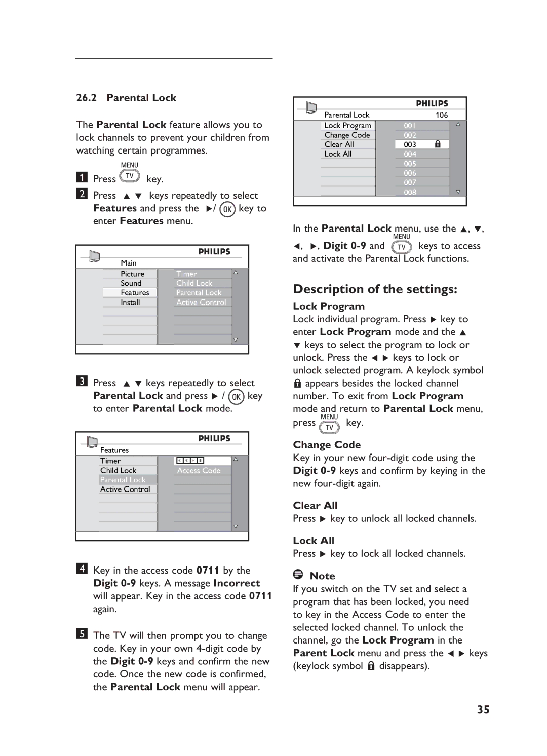 Philips 15/20HF5234, 20HF5335D,26HF5335D, 32HF5335D manual Parental Lock, Lock Program, Change Code, Clear All, Lock All 