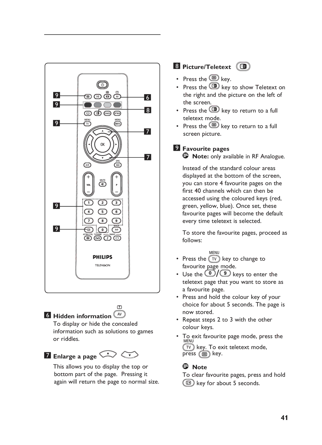 Philips 15/20HF5234, 20HF5335D,26HF5335D, 32HF5335D manual Hidden information, Enlarge a, Picture/Teletext, Favourite pages 