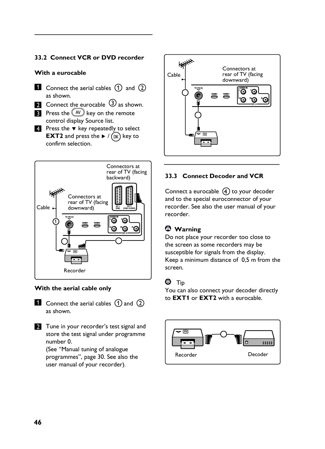 Philips 20HF5335D,26HF5335D, 32HF5335D manual Connect VCR or DVD recorder With a eurocable, As shown Connect the eurocable 